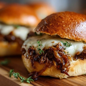 Close-up of French Onion Beef Sloppy Joes showing texture, layers, and glossy finish