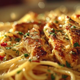 Close-up of Creamy Cajun Chicken Spaghetti showing texture, layers, and glossy finish