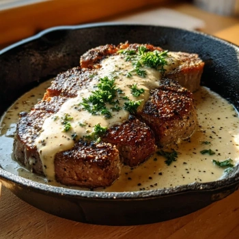 Perfectly cooked Steak with Creamy Garlic Sauce served and ready to eat - final result