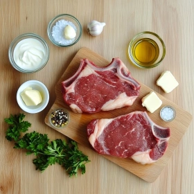 Step-by-step preparation of Steak with Creamy Garlic Sauce showing ingredients and initial cooking steps