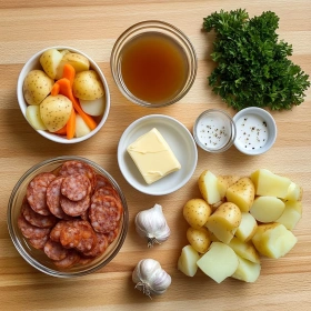 Step-by-step preparation of Savory Smoked Sausage Potato Stew showing ingredients and initial cooking steps