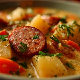 Close-up of Savory Smoked Sausage Potato Stew showing texture, layers, and glossy finish