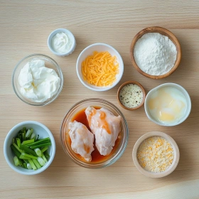 Step-by-step preparation of Crispy Buffalo Chicken Bombs showing ingredients and initial cooking steps