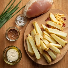 Step-by-step preparation of Dirty Chicken and Bacon Loaded Fries showing ingredients and initial cooking steps
