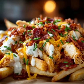 Close-up of Dirty Chicken and Bacon Loaded Fries showing texture, layers, and glossy finish