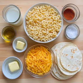 Step-by-step preparation of Gooey Mac and Cheese Quesadillas showing ingredients and initial cooking steps