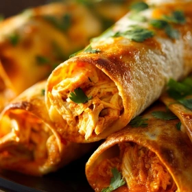 Close-up of Baked Buffalo Chicken Taquitos showing texture, layers, and glossy finish