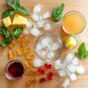 Step-by-step preparation of Gummy Bear Fizz Mocktail showing ingredients and initial cooking steps
