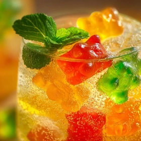 Close-up of Gummy Bear Fizz Mocktail showing texture, layers, and glossy finish