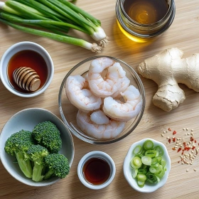 Step-by-step preparation of High-Protein Honey Garlic Shrimp showing ingredients and initial cooking steps