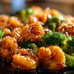 Close-up of High-Protein Honey Garlic Shrimp showing texture, layers, and glossy finish