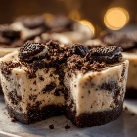 Close-up of Healthy No-Bake Oreo Cheesecake Bites showing texture, layers, and glossy finish