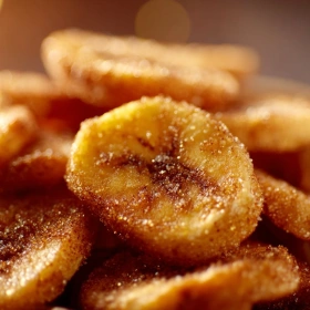 Close-up of Cinnamon-Sugar Air Fryer Banana Chips showing texture, layers, and glossy finish
