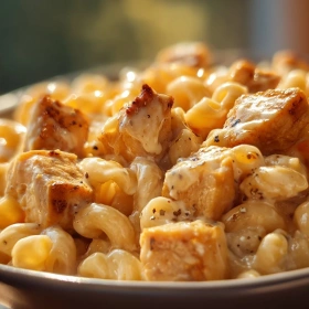 Close-up of Creamy Honey Pepper Chicken Mac showing texture, layers, and glossy finish
