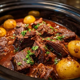 Close-up of Irresistible Slow Cooker Garlic Butter Beef showing texture, layers, and glossy finish