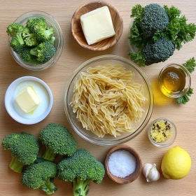 Step-by-step preparation of Creamy Broccoli Shells Pasta showing ingredients and initial cooking steps