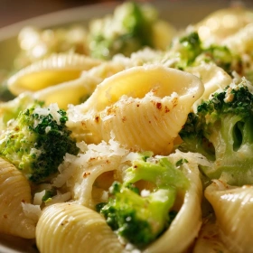 Close-up of Creamy Broccoli Shells Pasta showing texture, layers, and glossy finish