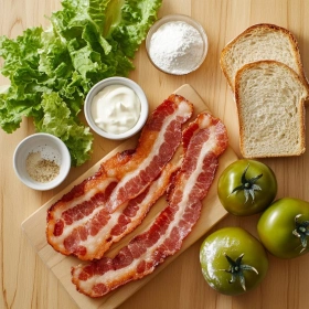Step-by-step preparation of Southern-Style Fried Green Tomato BLT showing ingredients and initial cooking steps