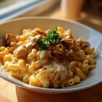 Perfectly cooked Smoky BBQ Chicken Mac & Cheese served and ready to eat - final result
