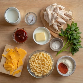 Step-by-step preparation of Smoky BBQ Chicken Mac & Cheese showing ingredients and initial cooking steps
