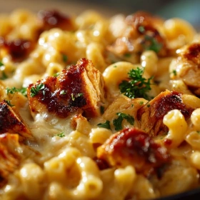 Close-up of Smoky BBQ Chicken Mac & Cheese showing texture, layers, and glossy finish