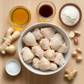 Step-by-step preparation of Zesty Chinese Orange Chicken showing ingredients and initial cooking steps