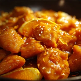 Close-up of Zesty Chinese Orange Chicken showing texture, layers, and glossy finish