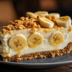 Close-up of Banana Pudding Crunch Cheesecake showing texture, layers, and glossy finish