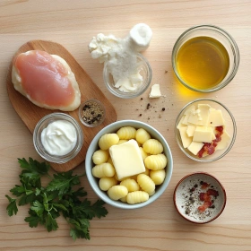 Step-by-step preparation of Creamy Crack Chicken Gnocchi showing ingredients and initial cooking steps