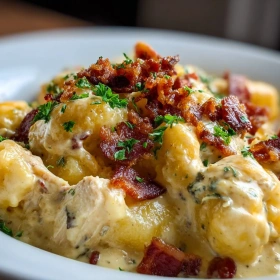 Close-up of Creamy Crack Chicken Gnocchi showing texture, layers, and glossy finish