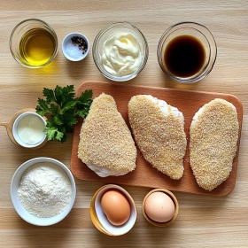 Step-by-step preparation of Crispy Japanese Katsu Bowl Delight showing ingredients and initial cooking steps