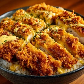 Close-up of Crispy Japanese Katsu Bowl Delight showing texture, layers, and glossy finish