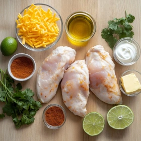 Step-by-step preparation of Mexican Chicken with Creamy Cheese Sauce showing ingredients and initial cooking steps