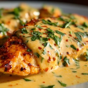 Close-up of Mexican Chicken with Creamy Cheese Sauce showing texture, layers, and glossy finish