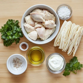 Step-by-step preparation of Cheesy Garlic Chicken Wraps showing ingredients and initial cooking steps