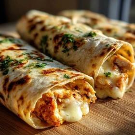 Close-up of Cheesy Garlic Chicken Wraps showing texture, layers, and glossy finish