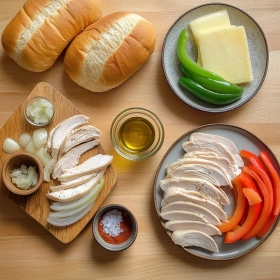 Step-by-step preparation of Savory Chicken Philly Cheese Steaks showing ingredients and initial cooking steps