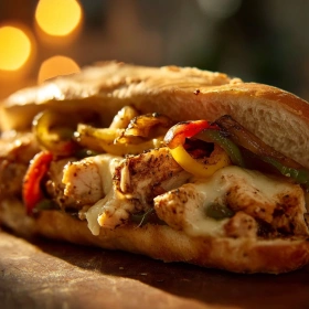 Close-up of Savory Chicken Philly Cheese Steaks showing texture, layers, and glossy finish