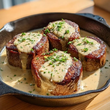Perfectly cooked Steak with Bourbon Garlic Cream Sauce served and ready to eat - final result