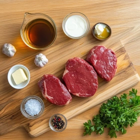 Step-by-step preparation of Steak with Bourbon Garlic Cream Sauce showing ingredients and initial cooking steps