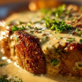 Close-up of Steak with Bourbon Garlic Cream Sauce showing texture, layers, and glossy finish