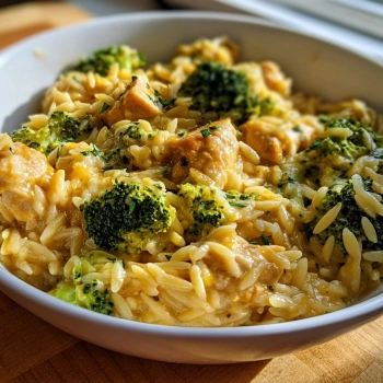 Perfectly cooked Cheesy Chicken Broccoli Orzo served and ready to eat - final result