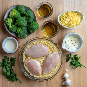Step-by-step preparation of Cheesy Chicken Broccoli Orzo showing ingredients and initial cooking steps