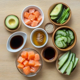 Step-by-step preparation of Honey Glazed Salmon Rice Bowls showing ingredients and initial cooking steps