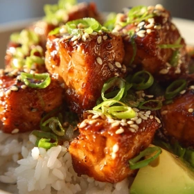 Close-up of Honey Glazed Salmon Rice Bowls showing texture, layers, and glossy finish
