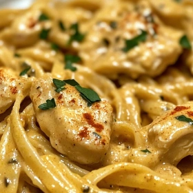 Close-up of Savory Cowboy Butter Chicken Pasta showing texture, layers, and glossy finish