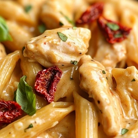 Close-up of Irresistible Marry Me Chicken Pasta showing texture, layers, and glossy finish