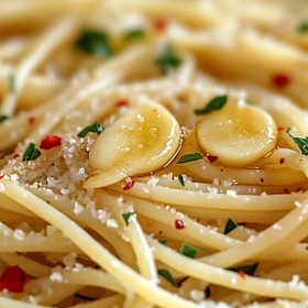 Close-up of Savory Garlic Oil Spaghetti Delight showing texture, layers, and glossy finish