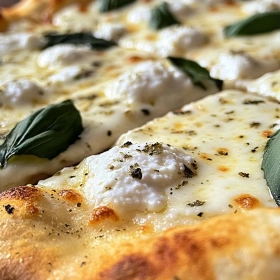Close-up of Savory White Garlic Pizza Delight showing texture, layers, and glossy finish