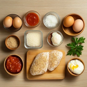 Step-by-step preparation of Crispy Air Fryer Chicken Parmesan showing ingredients and initial cooking steps